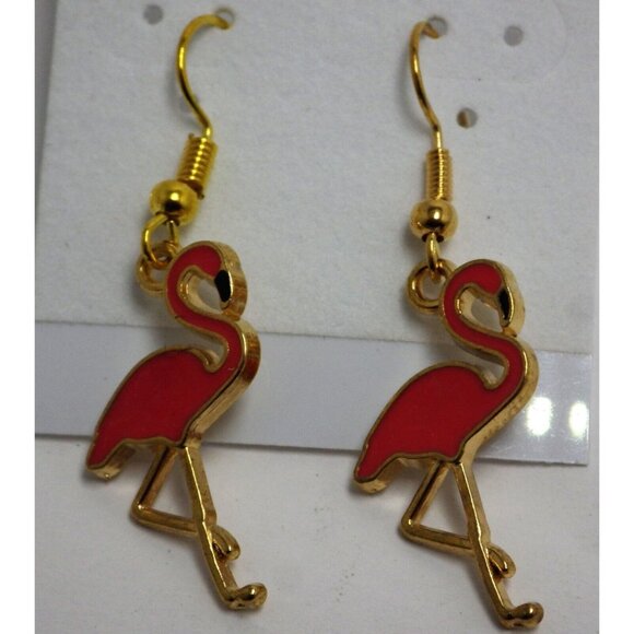 Pink Flamingo Earrings  Enamel Dangle Drop Hook - Picture 2 of 4